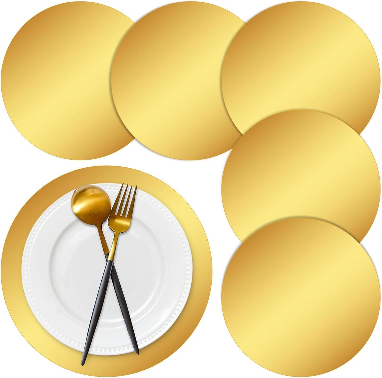 50 Pieces Gold Paper Placemats Round Disposable Glitter Table Mats Mirror Foil Decorative Place Mats for Wedding Holiday Party Christmas Dining Table Decor